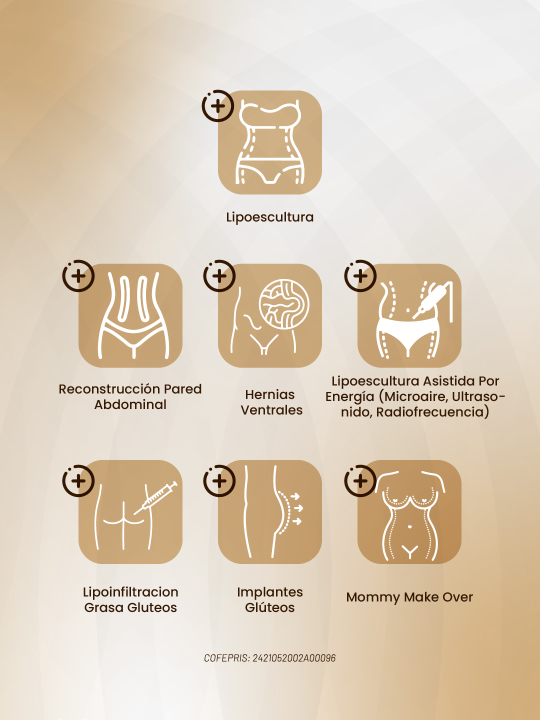 Procedimientos corporales: lipoescultura, reconstrucción de pared abdominal, hernias ventrales, lipoinfiltración de glúteos, implantes de glúteos y mommy makeover